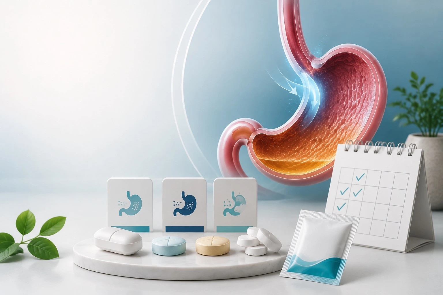 Diagram comparing healthy stomach emptying versus gastroparesis where prokinetic medications help