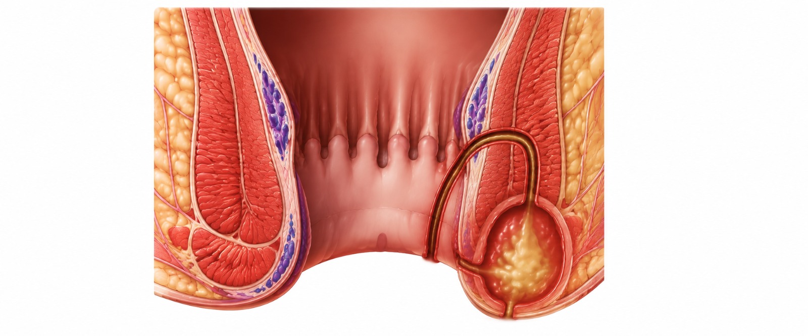 Anal fistula tunnel connecting the anal canal to the skin