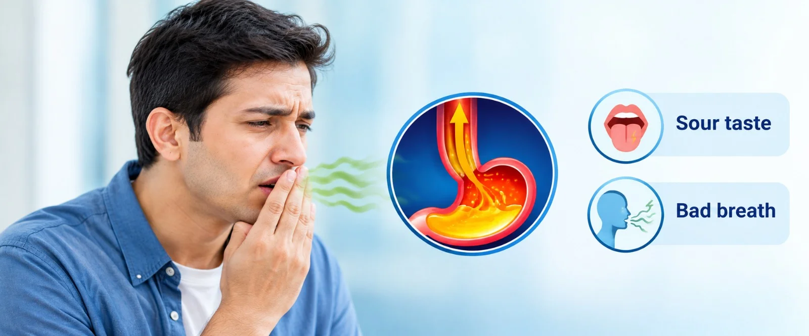 Man waking up at night with acid reflux, sour taste and burning in the throat