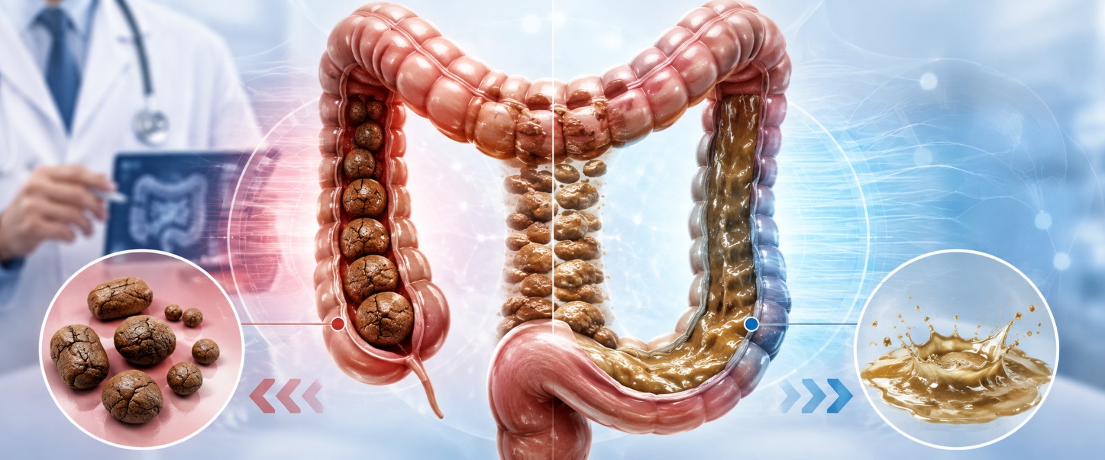 Diagram of how the colon absorbs water and why transit speed causes constipation or diarrhoea