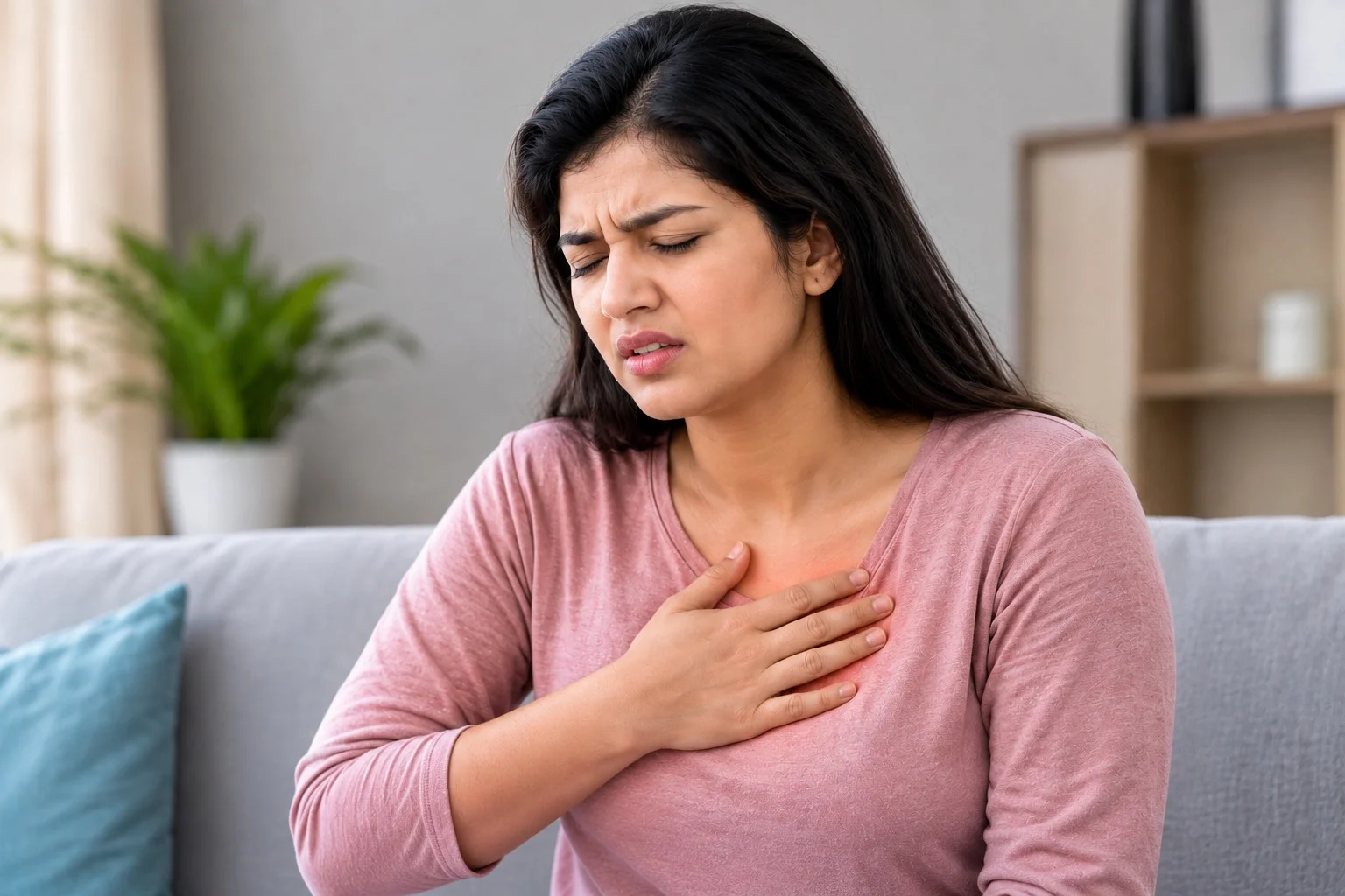 Woman experiencing heartburn with burning sensation highlighted in the chest and oesophagus