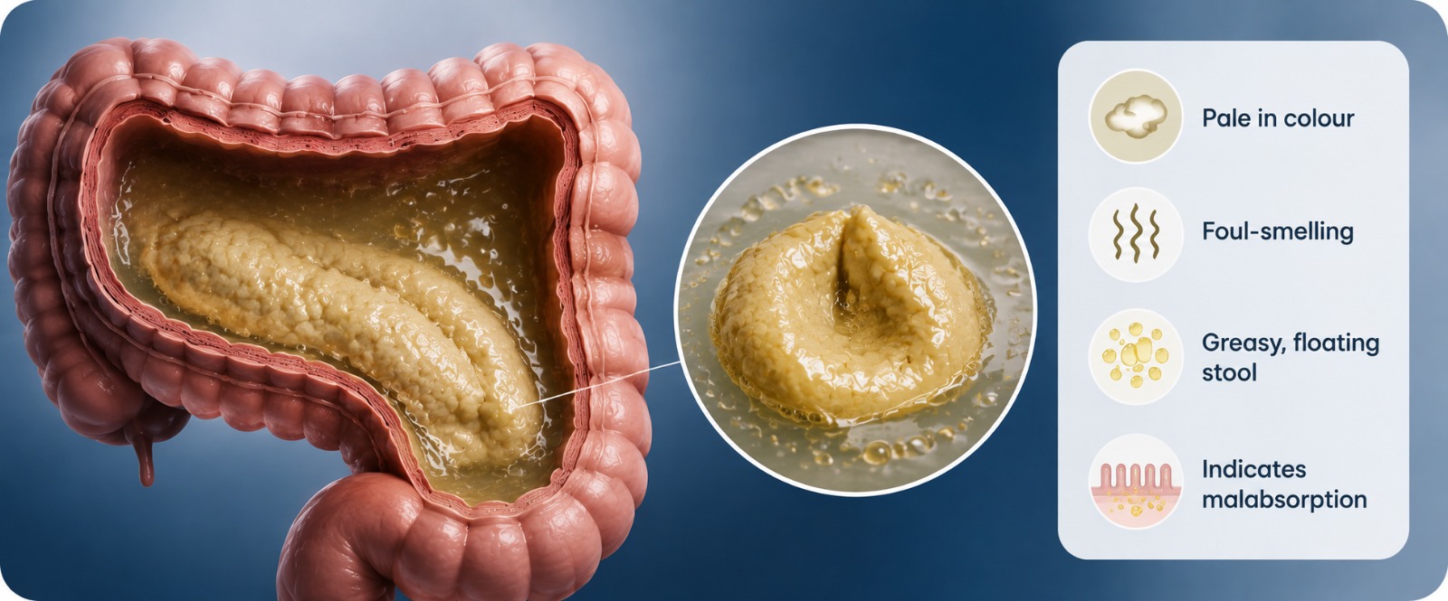 Pale, greasy stool pointing to malabsorption