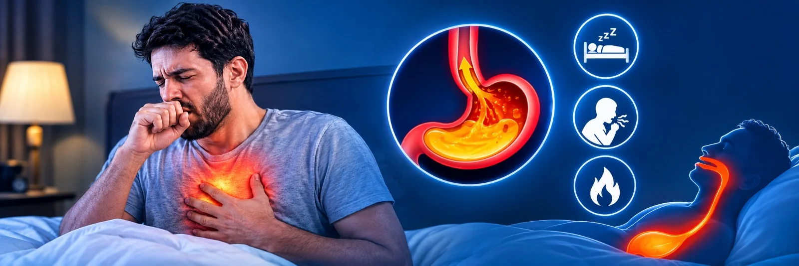 Woman waking up at night choking and coughing from acid reflux while lying down