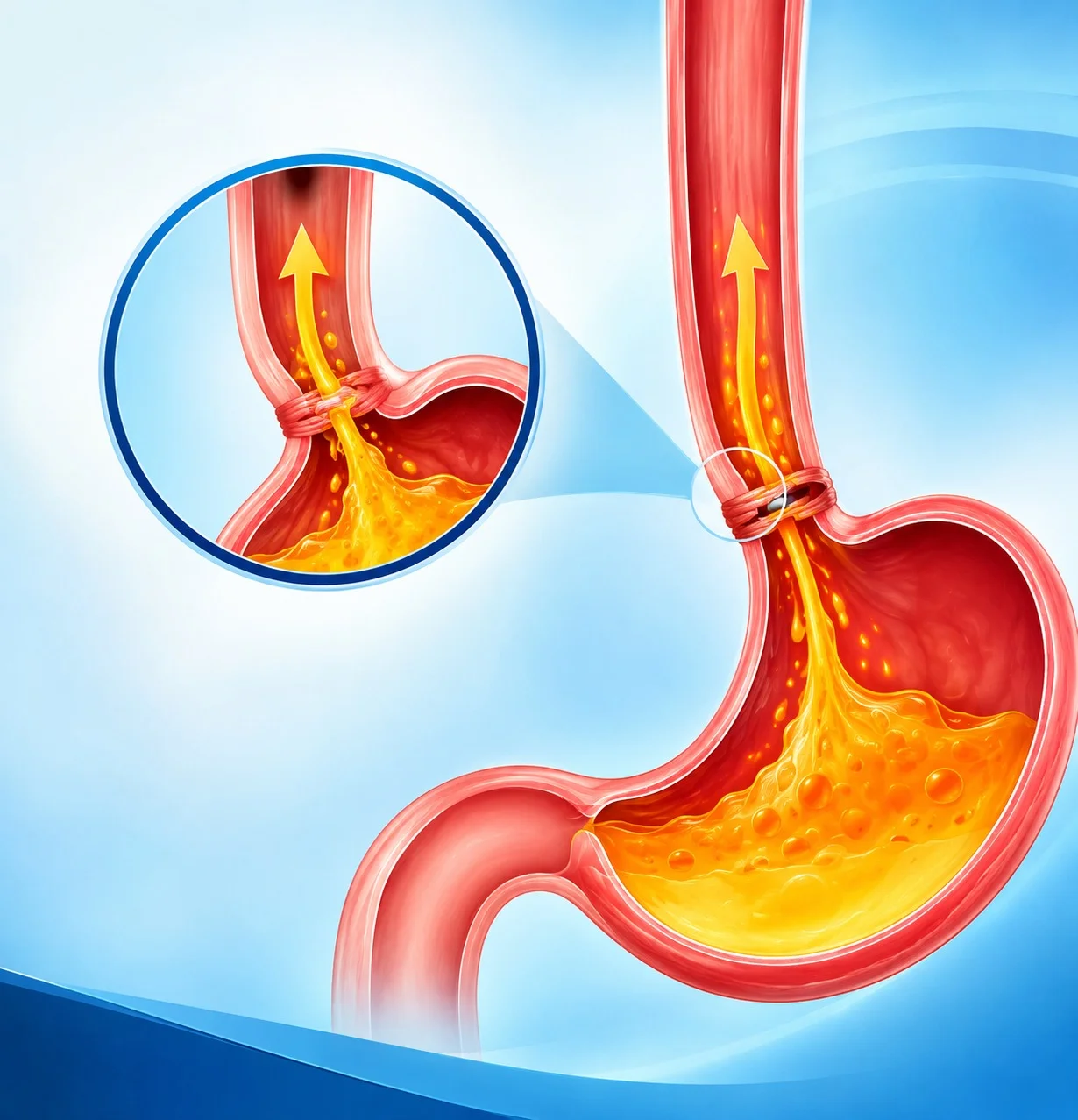 Medical diagram showing acid reflux: stomach acid passing through a weak lower oesophageal sphincter into the oesophagus