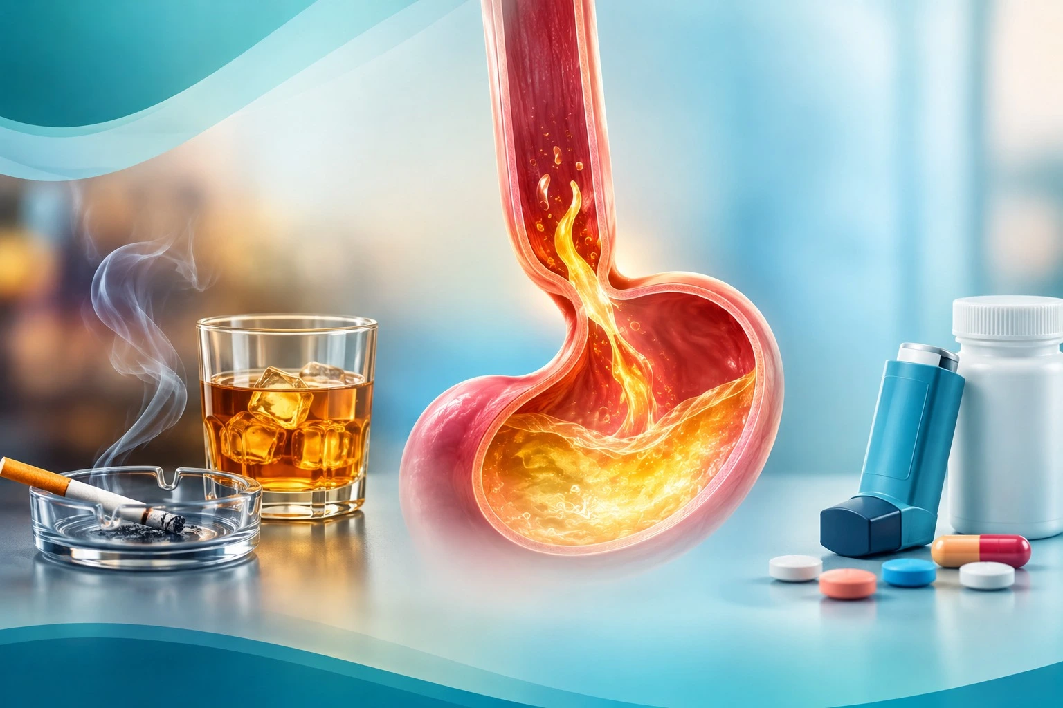 Man leaning over a glass of alcohol experiencing heartburn, showing smoking and alcohol as reflux triggers