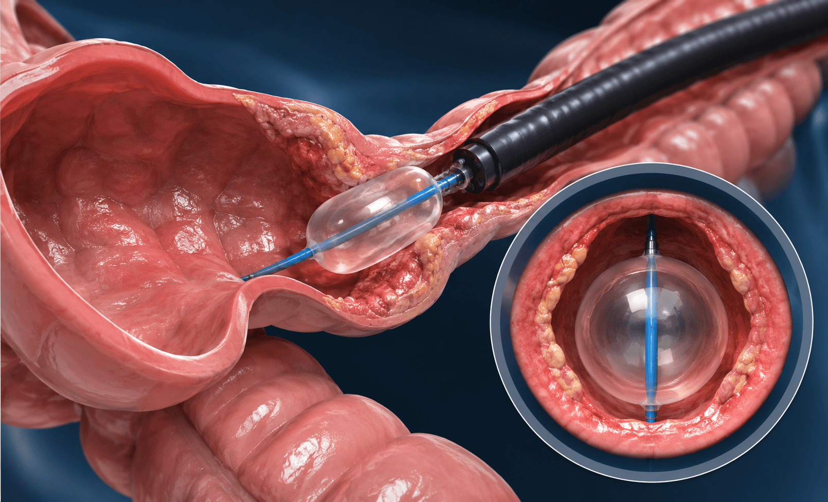 Endoscopic dilatation for a narrowed, blocked bowel segment
