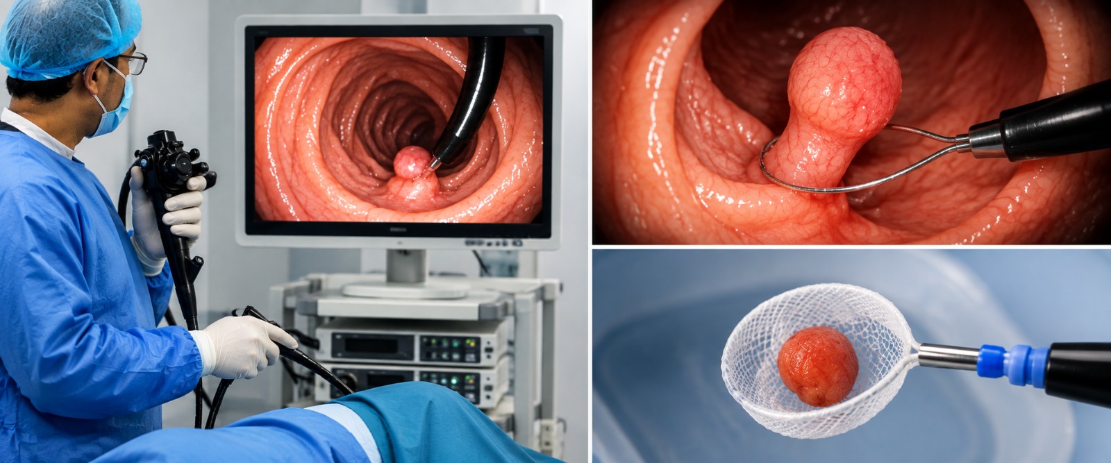 Colonoscopic polypectomy removing bleeding polyps