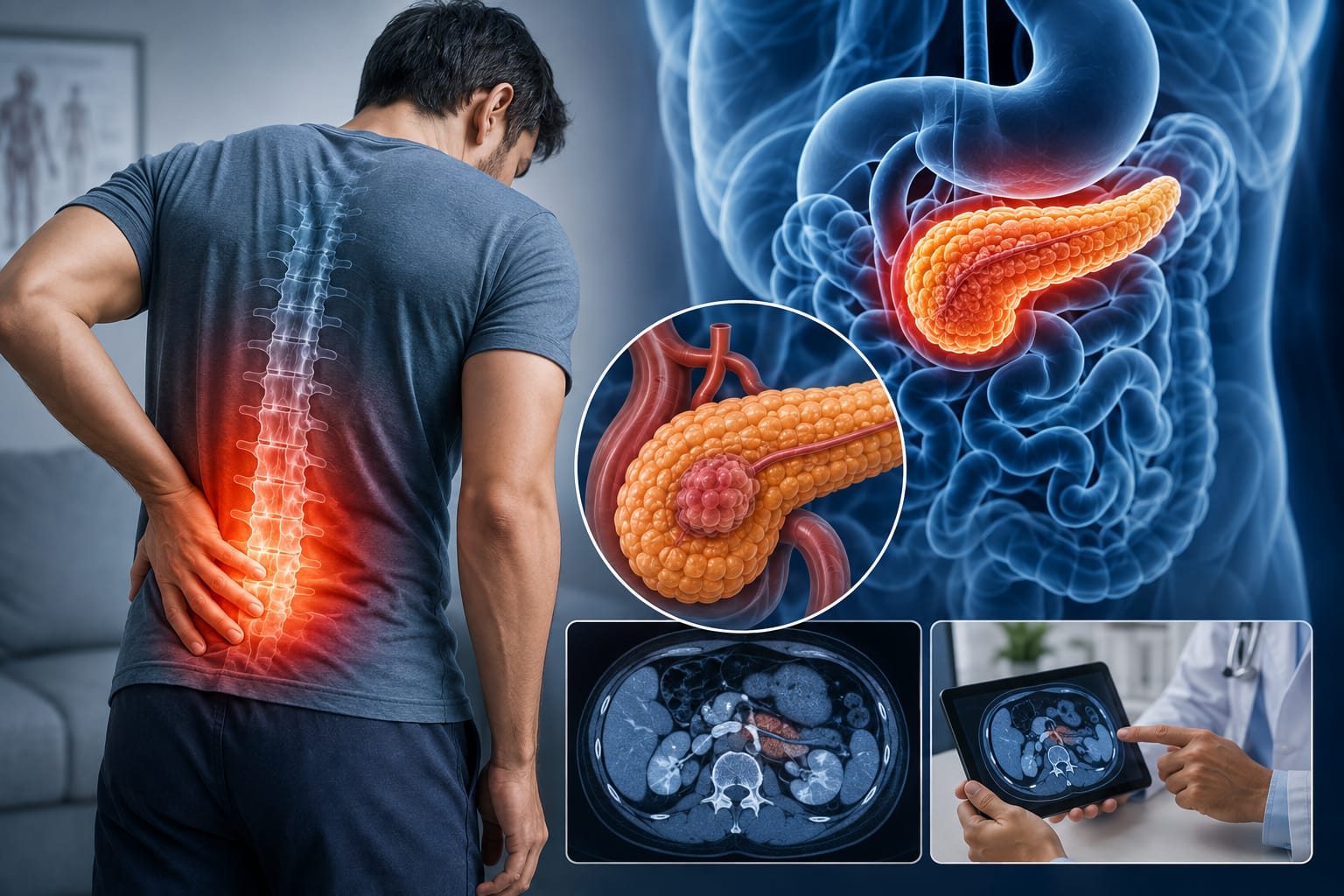 Dull upper abdominal pain spreading through to the back, a sign of a pancreatic cyst