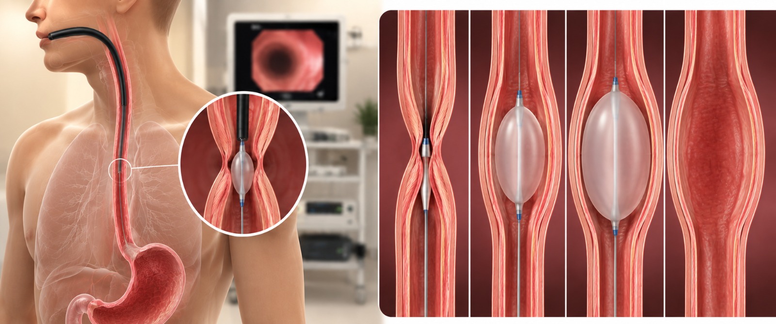 Endoscopic dilatation widening a narrowed food pipe