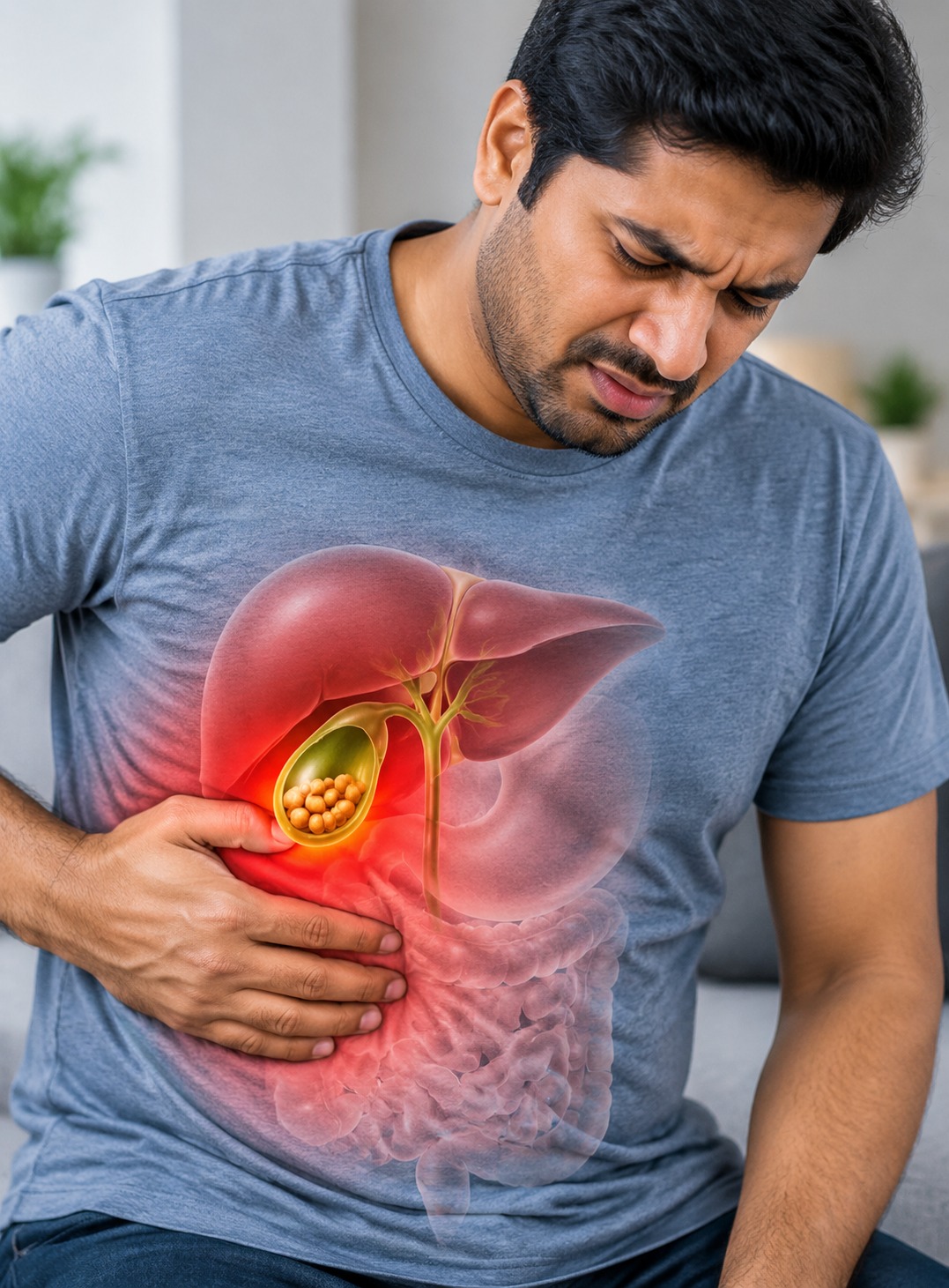 Sudden, gripping pain in the upper right abdomen after a fatty meal