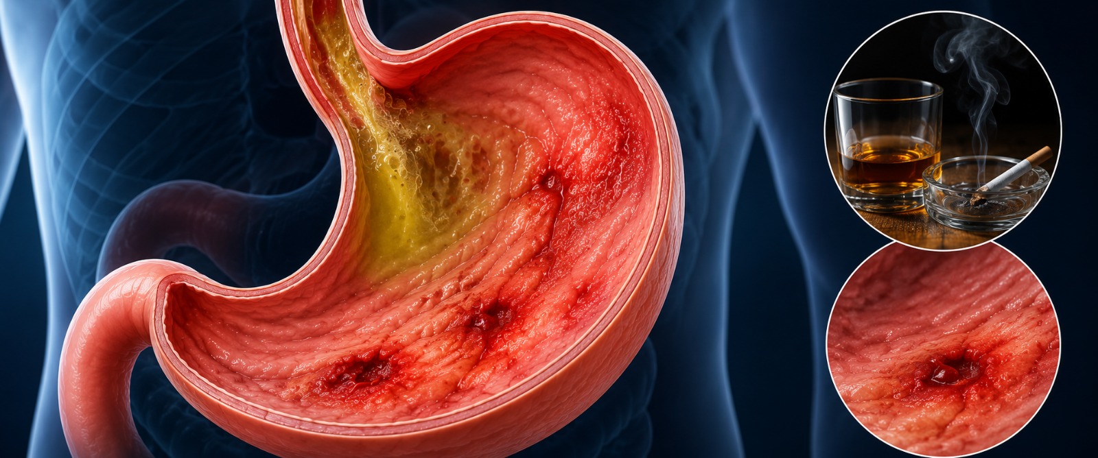 Severe gastritis and acid reflux inflaming the stomach lining