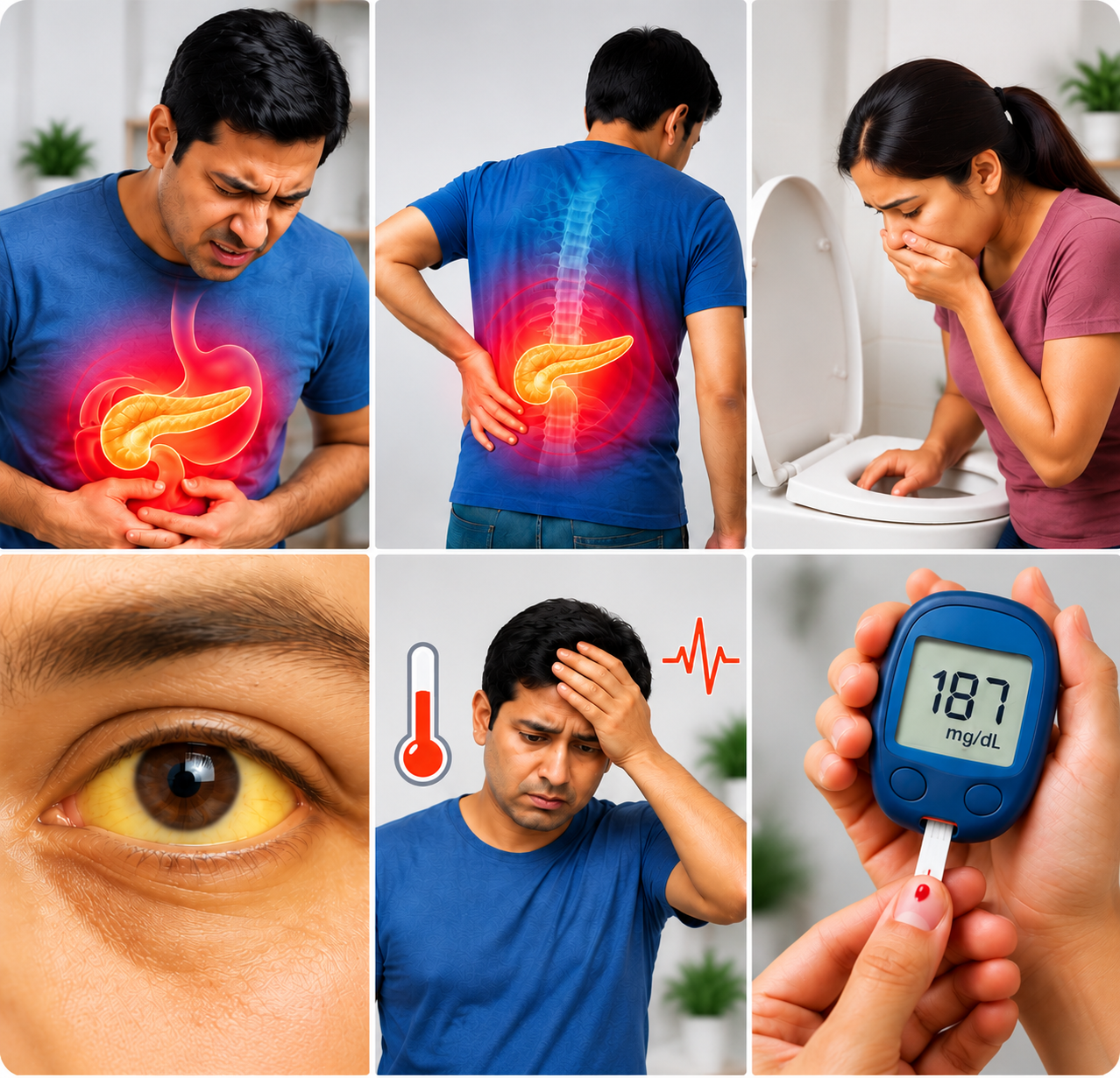 Steady upper abdominal pain spreading towards the back, a symptom of pancreatitis