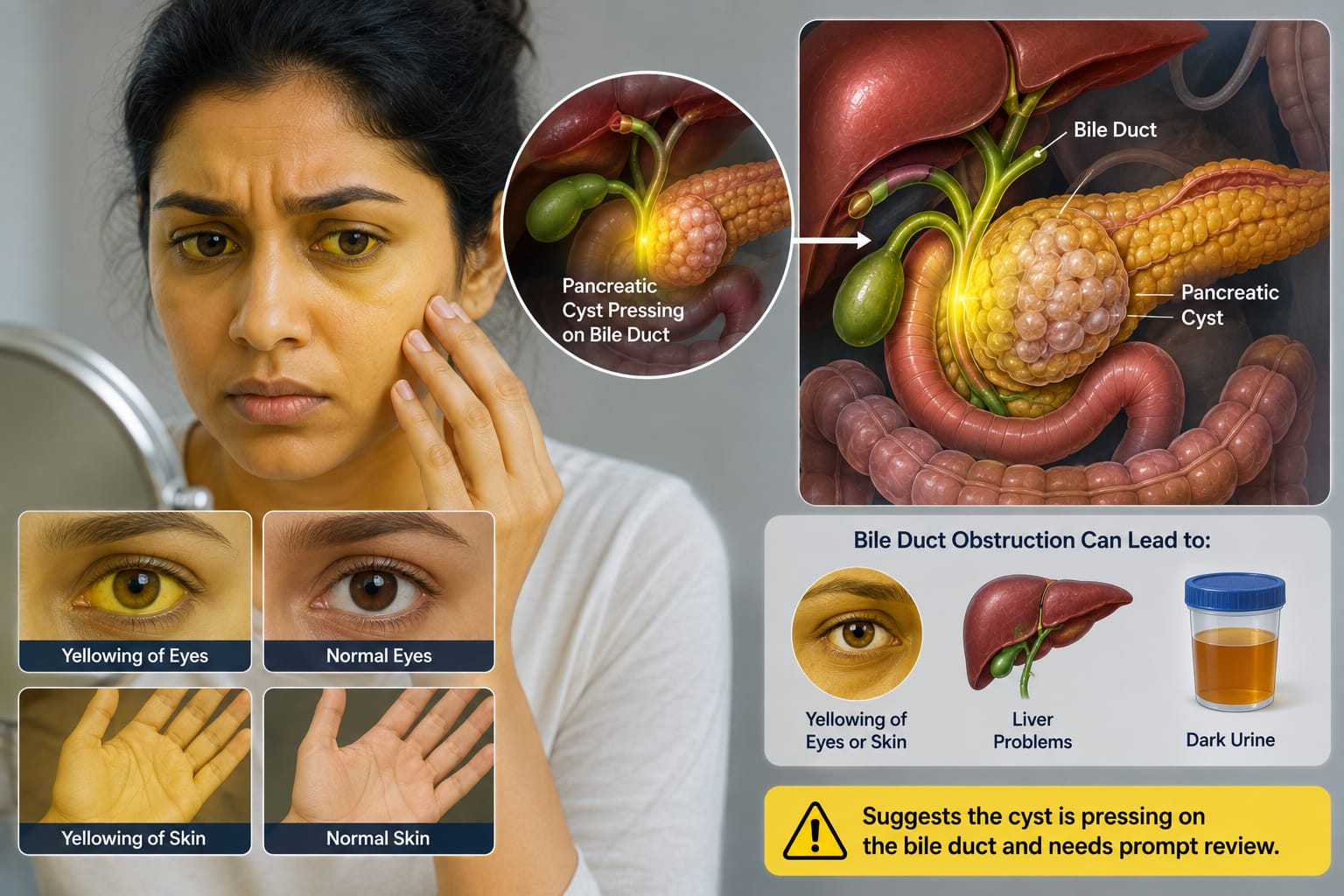 Yellowing of the eyes or skin, a sign of a pancreatic cyst