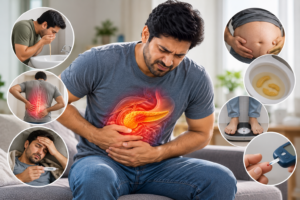 Man with stomach pain surrounded by images showing common pancreatitis symptoms.
