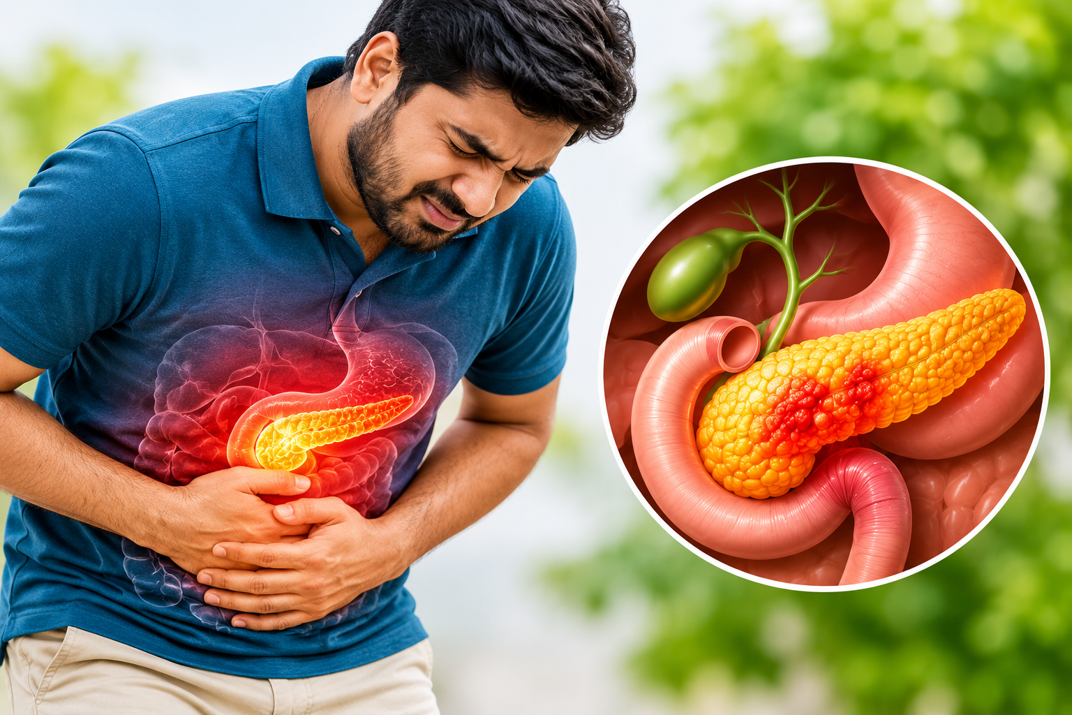 Man holding his stomach in pain with an illustration of an inflamed pancreas showing pancreatitis symptoms.